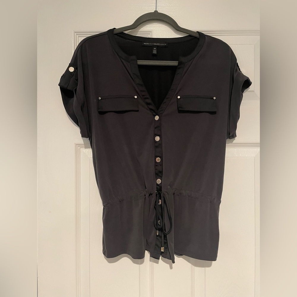 WHITE HOUSE BLACK MARKET Soft Black Buttoned Tie Front Blouse